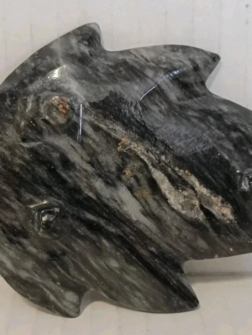 Hand Carved Gray Marble Onyx Leaf  Paperweight Trinket Dish with Feet 4in